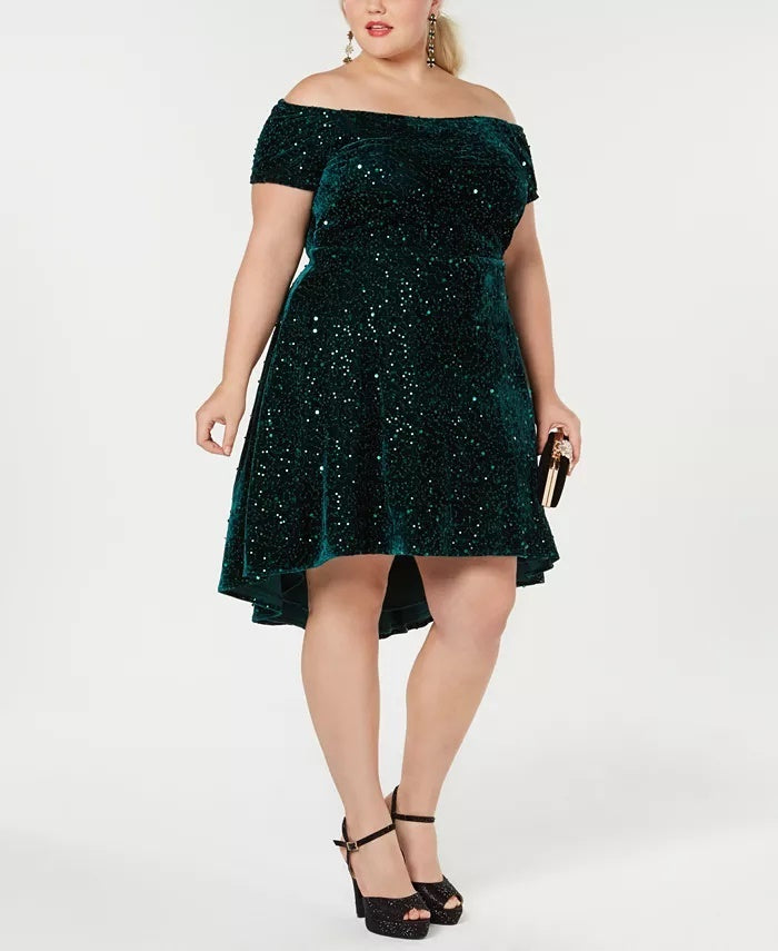 Morgan & Company Women's Trendy Plus Velvet Off The Shoulder Dress Green Size 18W