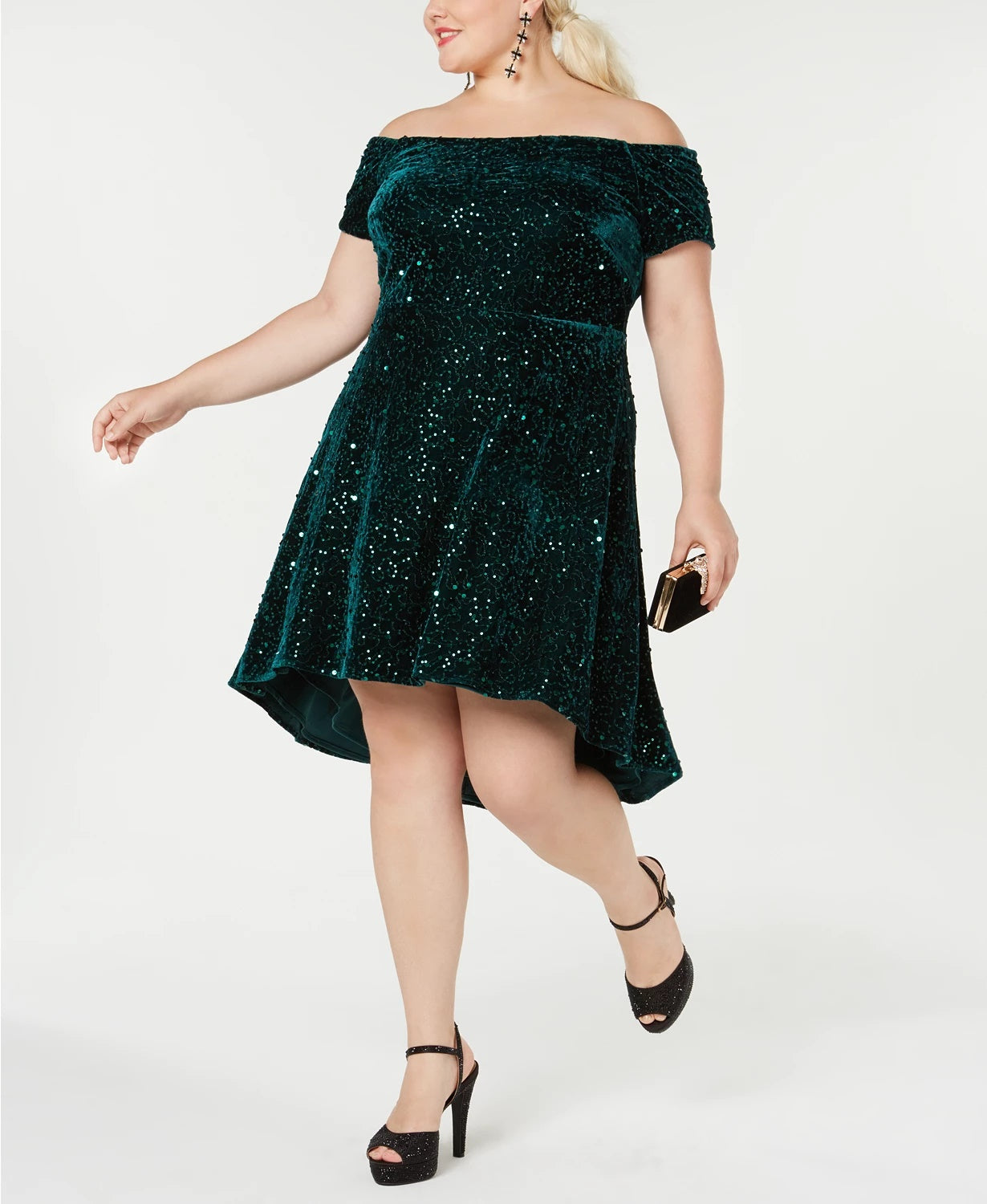 Morgan & Company Women's Trendy Plus Velvet Off The Shoulder Dress Green Size 18W