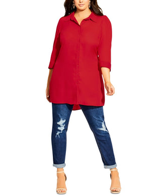 City Chic Women's Dynamic Collar Rolled Sleeve Tunic Top Red Size XS