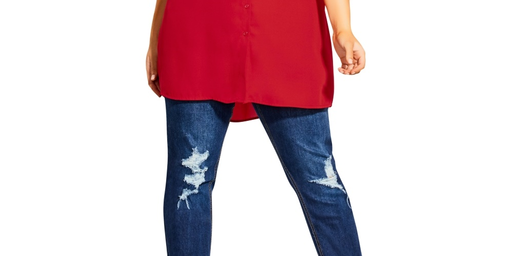 City Chic Women's Dynamic Collar Rolled Sleeve Tunic Top Red Size XS