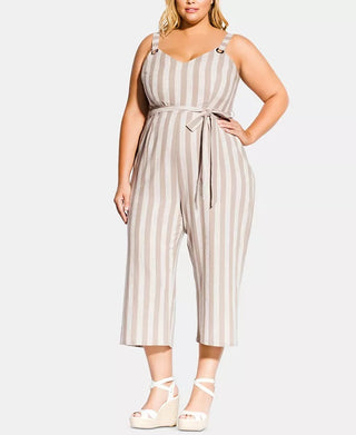 City Chic Women's Trendy Carmine Striped Cropped Jumpsuit White Size 24W