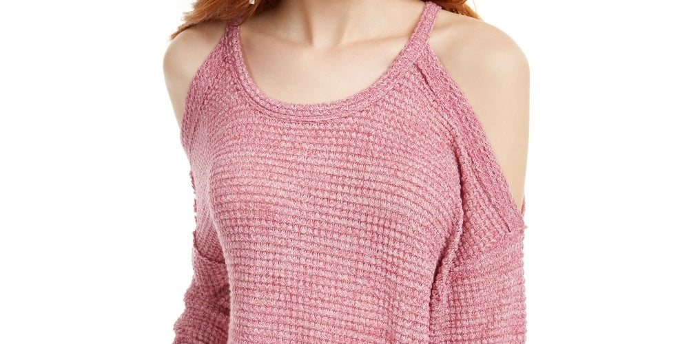 Freshman Junior's Waffle Knit Cold Shoulder Top Red Size Medium