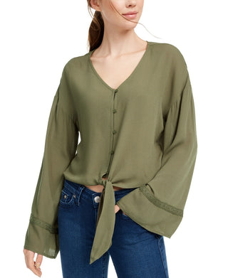 Freshman Junior's Flare Sleeved Tie Waist Blouse Green Size X-Small