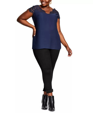 City Chic Women's Lace Yoke Blouse Blue Size Petite Small