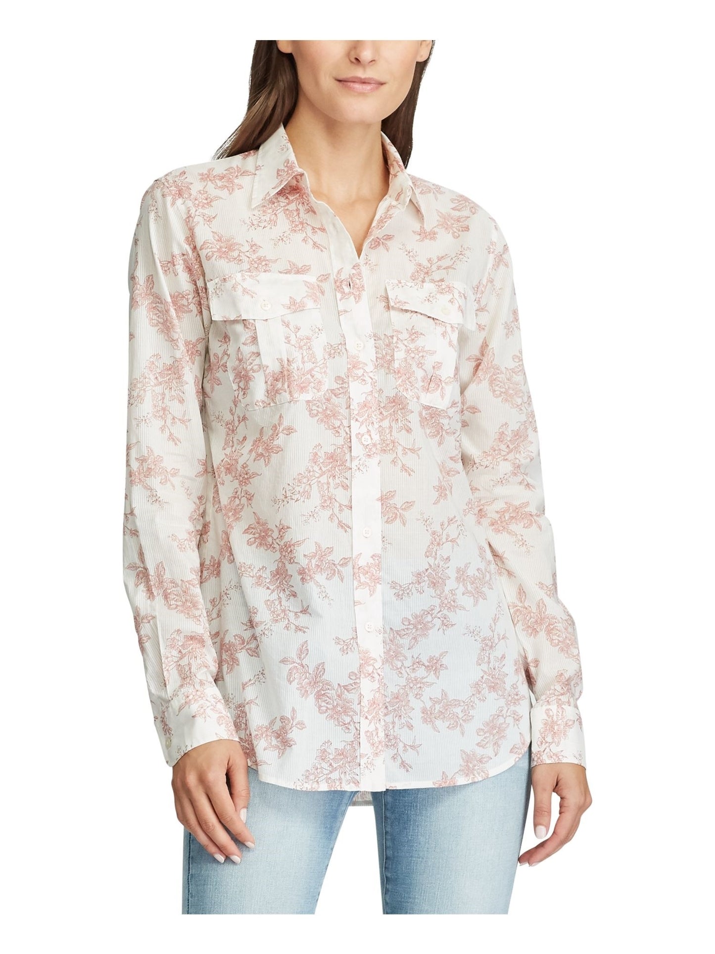 Ralph Lauren Women's Beige Floral Cuffed Collared Button Up Wear To Work Top Red Size Small