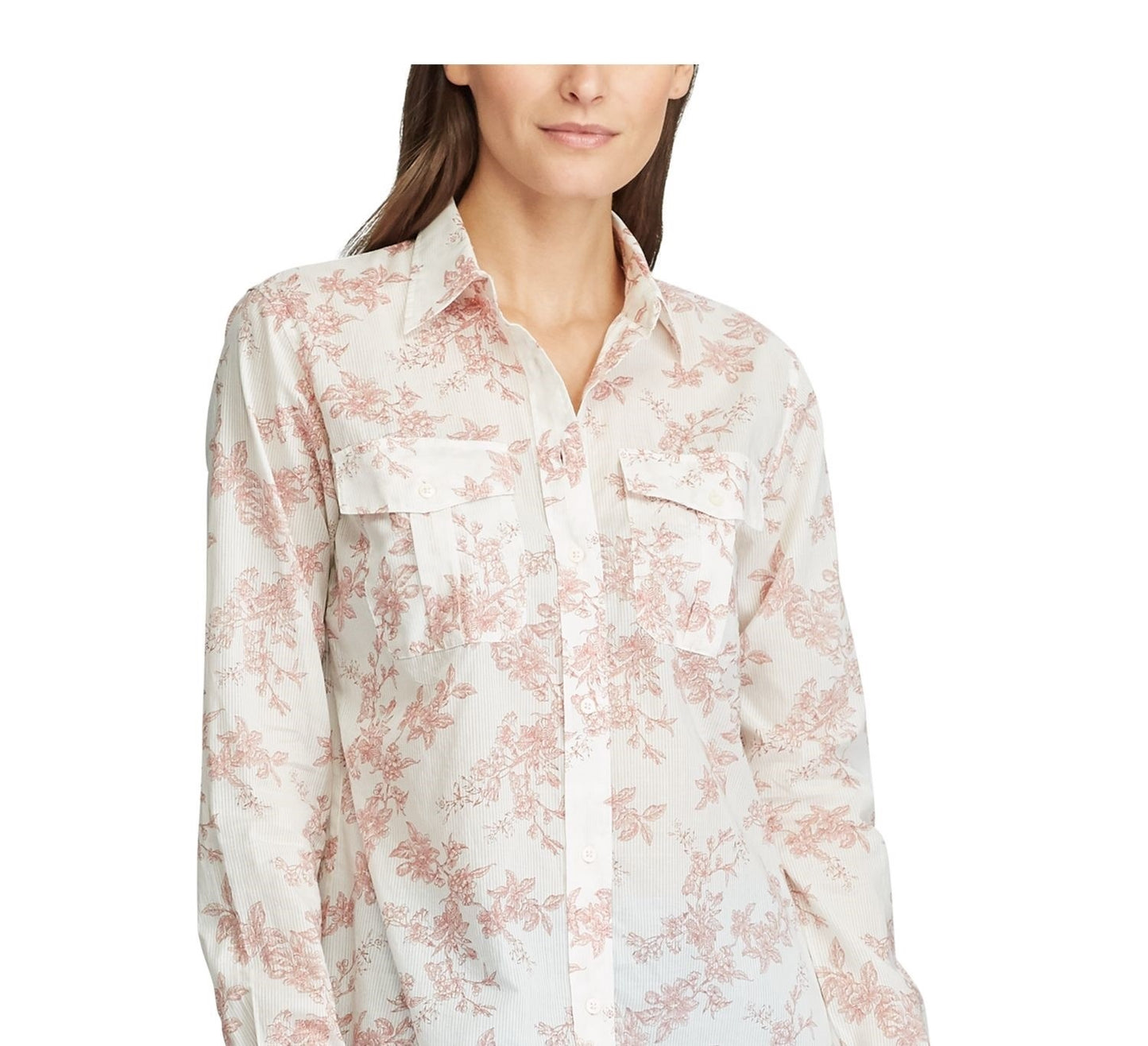 Ralph Lauren Women's Beige Floral Cuffed Collared Button Up Wear To Work Top Red Size Small