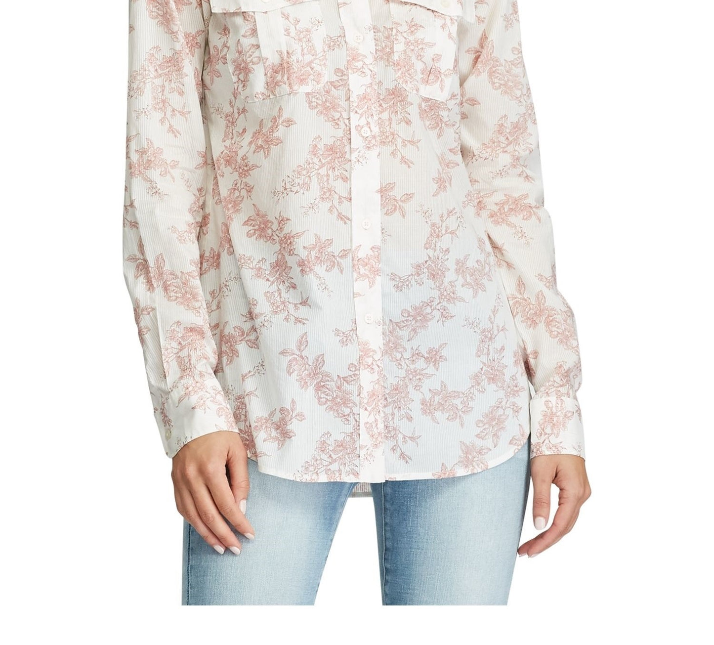 Ralph Lauren Women's Beige Floral Cuffed Collared Button Up Wear To Work Top Red Size Small