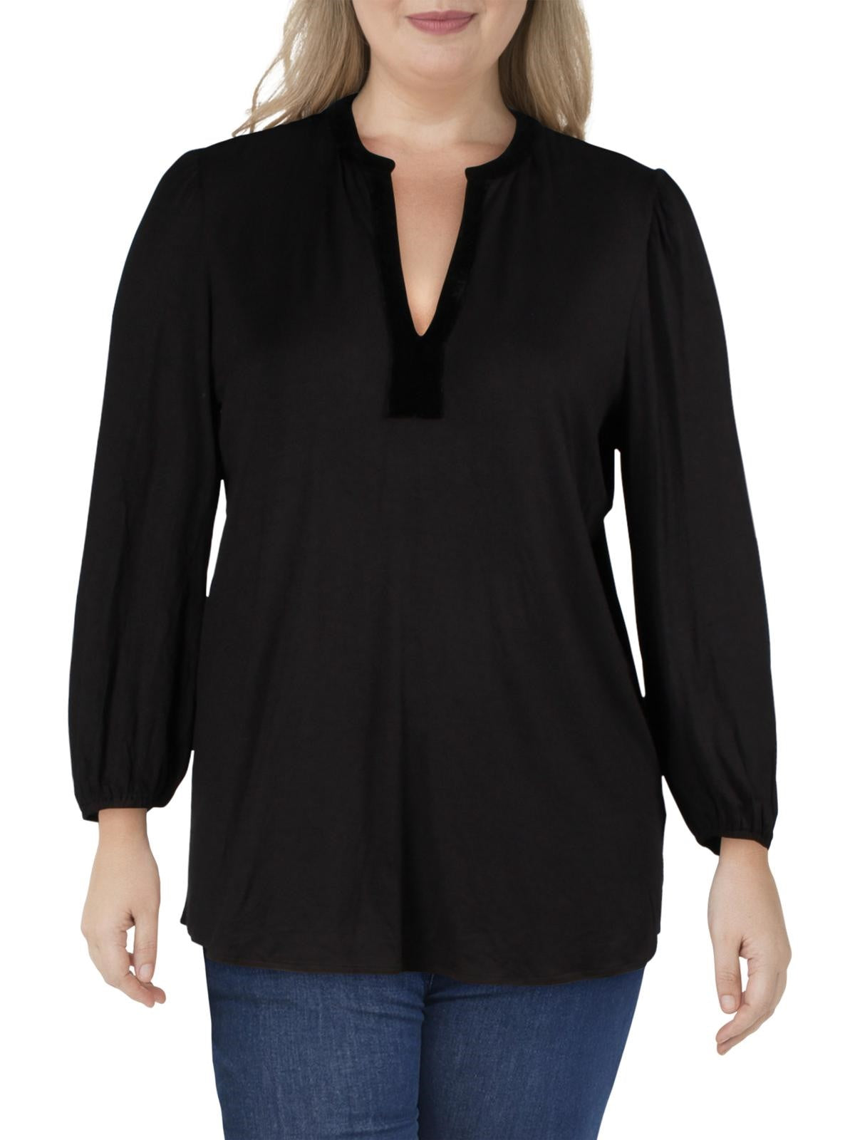 Ralph Lauren Women's Plus Velvet Trim V-Neck Blouse Black Size 1X