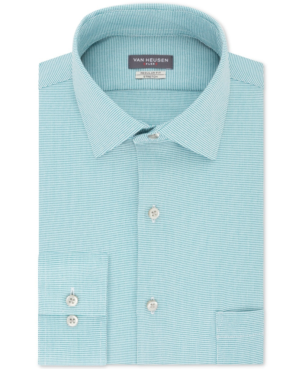 Van Heusen Men's Regular Fit Performance Stretch Wrinkle Free Flex Collar Micro Houndstooth Dress Shirt Blue Size 17.2x36-37
