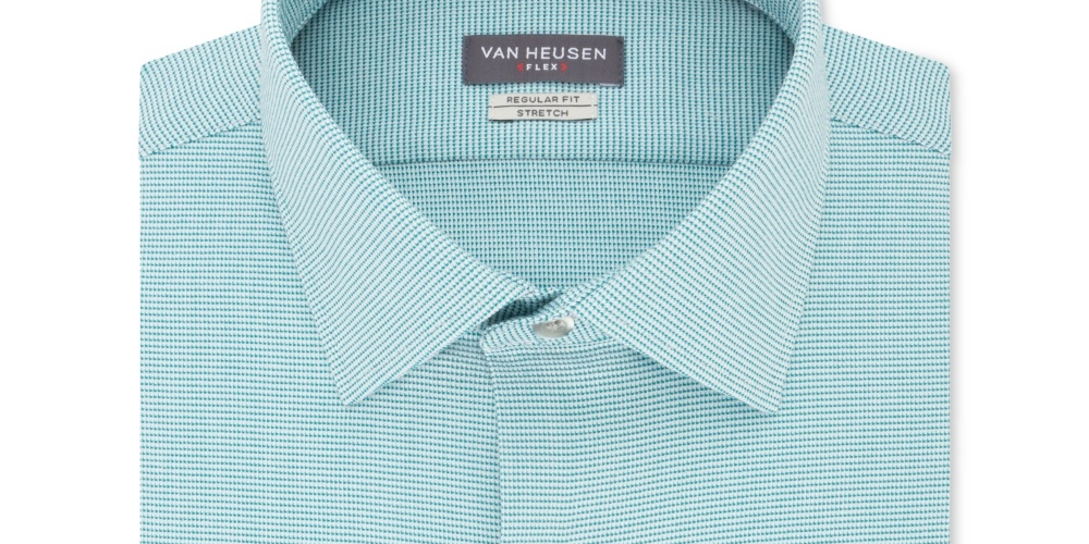Van Heusen Men's Regular Fit Performance Stretch Wrinkle Free Flex Collar Micro Houndstooth Dress Shirt Blue Size 17.2x36-37