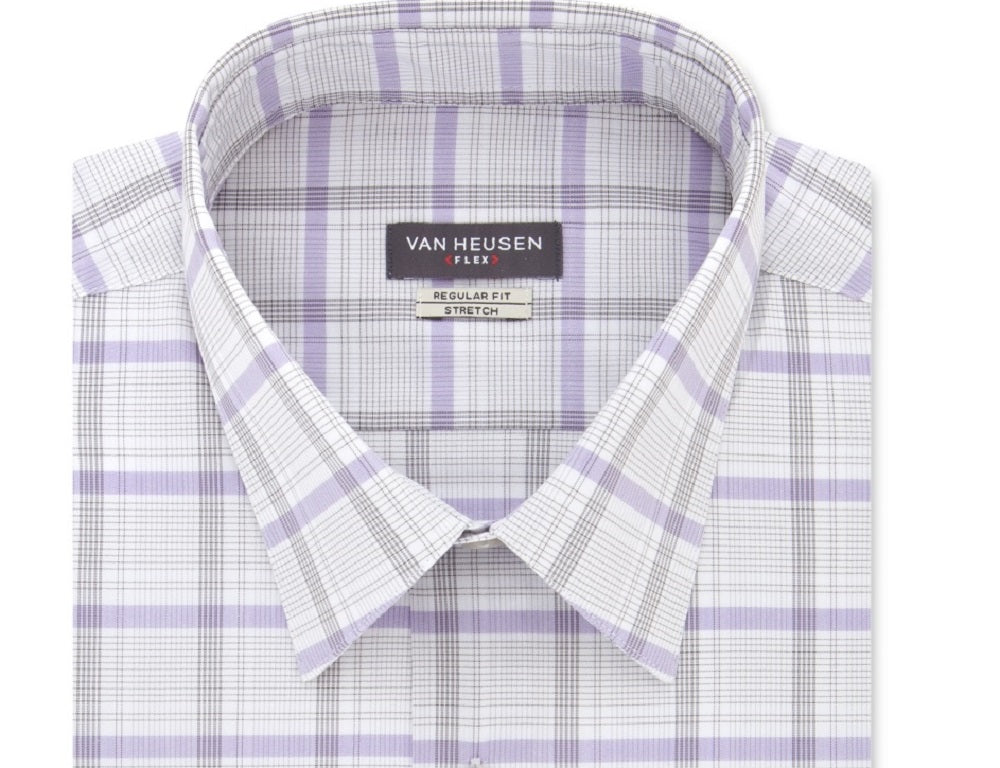 Van Heusen Men's Classic/Regular-Fit Wrinkle-Free Performance Stretch Flex Collar Check Dress Shirt Gray Size 18X36-37