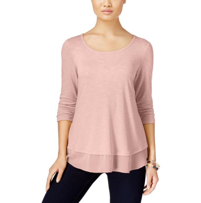Style & Co Women's Chiffon Hem Three Quarter Sleeves Top Pink Size Medium