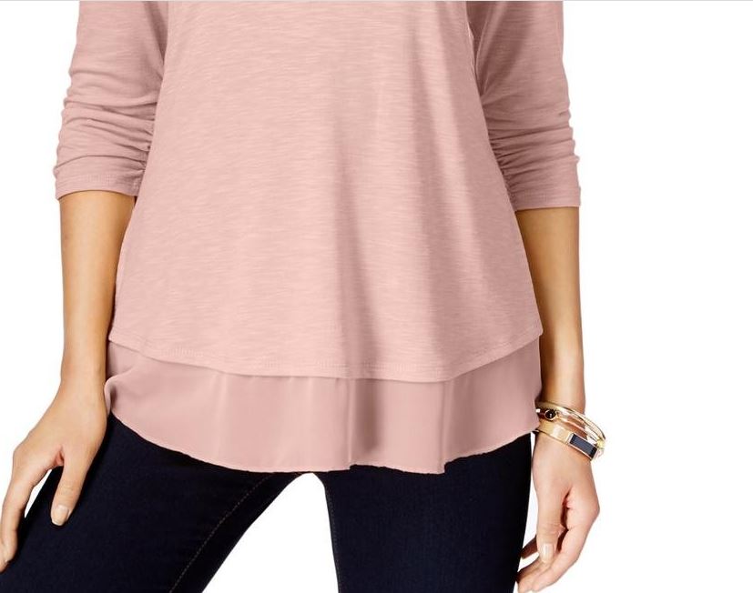 Style & Co Women's Chiffon Hem Three Quarter Sleeves Top Pink Size Medium