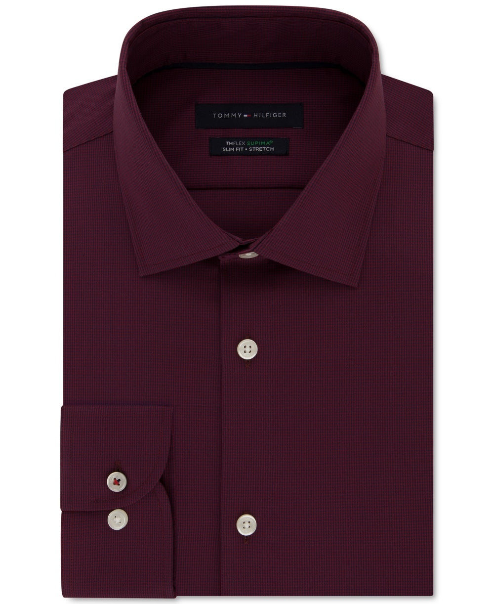 Tommy Hilfiger Men's Slim Fit Non Iron Performance Stretch Check Dress Shirt Red Size 16.5X36-37