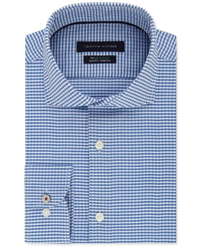 Tommy Hilfiger Men's Slim Thflex Supima Stretch Check Dress Shirt Blue Size 16X34-35