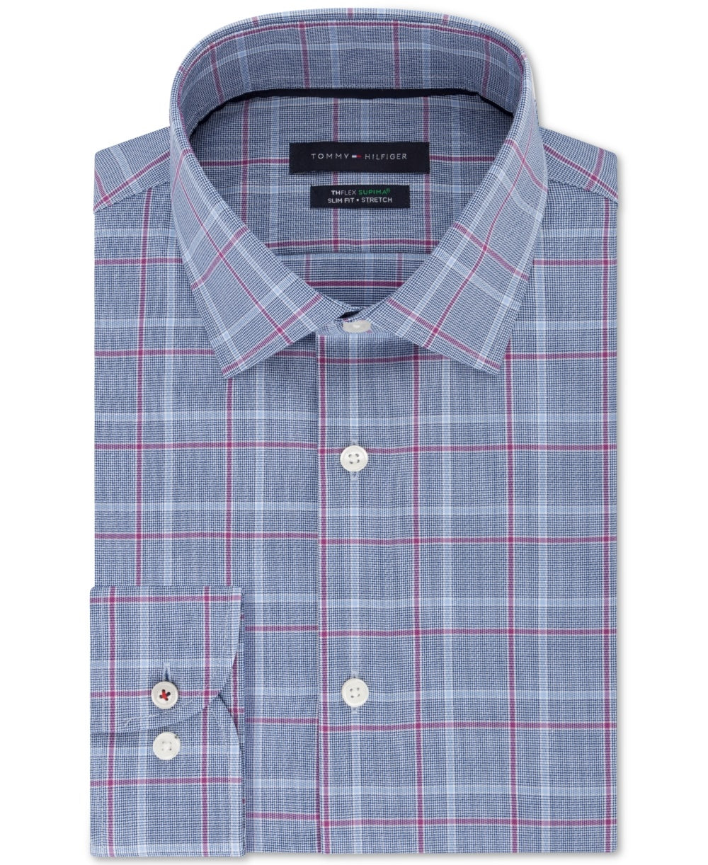 Tommy Hilfiger Men's Slim-Fit Performance Stretch Check Dress Shirt Purple Size 17.5x36-37