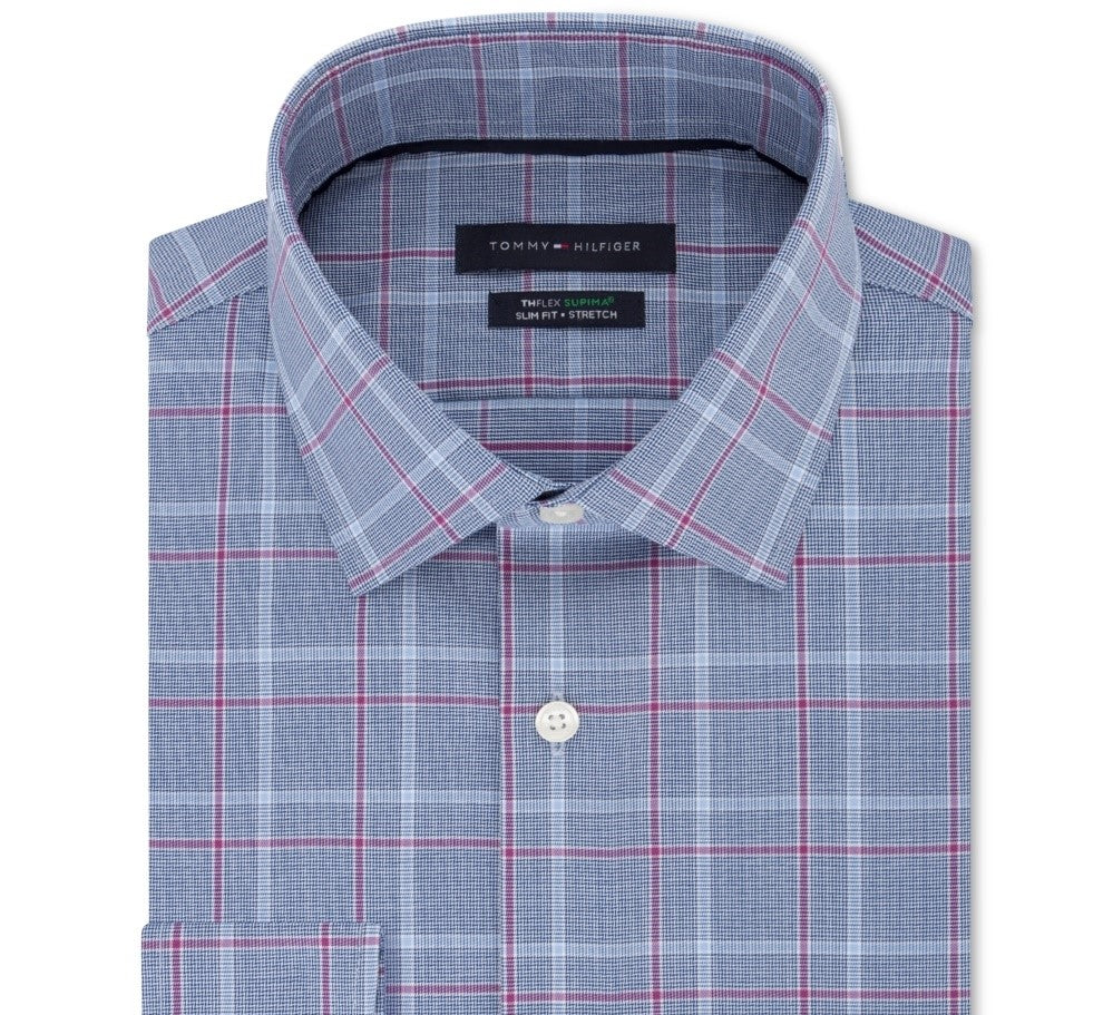 Tommy Hilfiger Men's Slim-Fit Performance Stretch Check Dress Shirt Purple Size 17.5x36-37