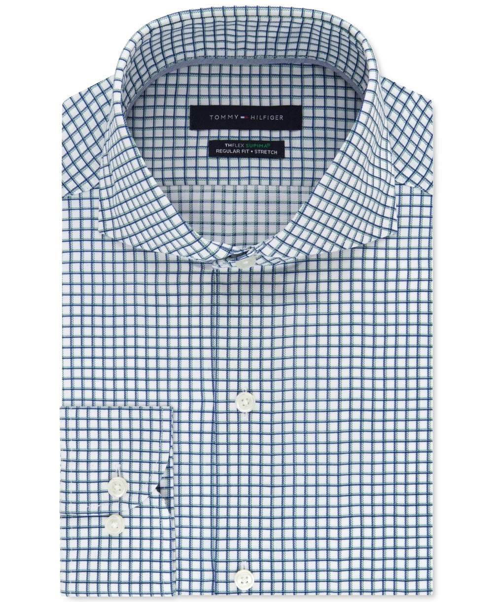 Tommy Hilfiger Men's Classic Fit Non ron Thflex Supima Stretch Check Dress Shirt White Size 17X36-37