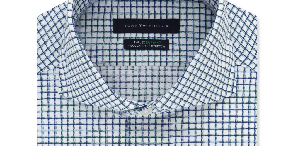 Tommy Hilfiger Men's Classic Fit Non ron Thflex Supima Stretch Check Dress Shirt White Size 17X36-37