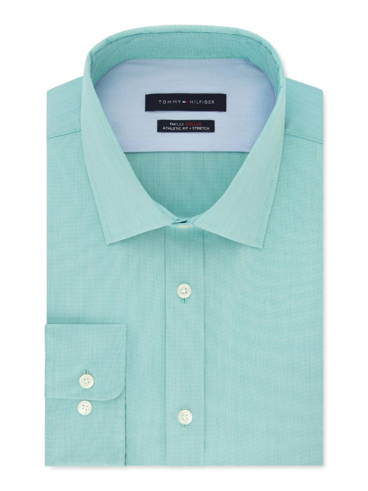 Tommy Hilfiger Men's Turquoise Collared Classic Fit Cotton Dress Shirt Green Size 16X34-35