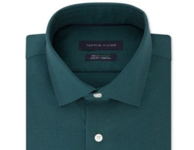 Tommy Hilfiger Men's Athletic Fit Flex Collar Dress Shirt Green Size 17.5x36-37
