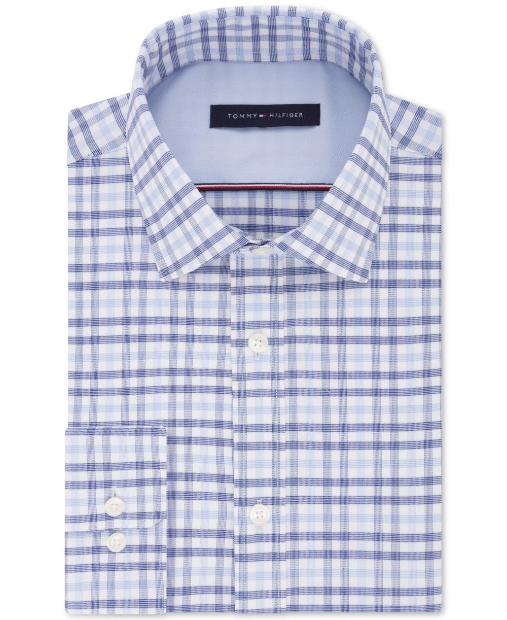 Tommy Hilfiger Men's Fitted Performance Stretch Dress Shirt Blue Size 17.5X36X37
