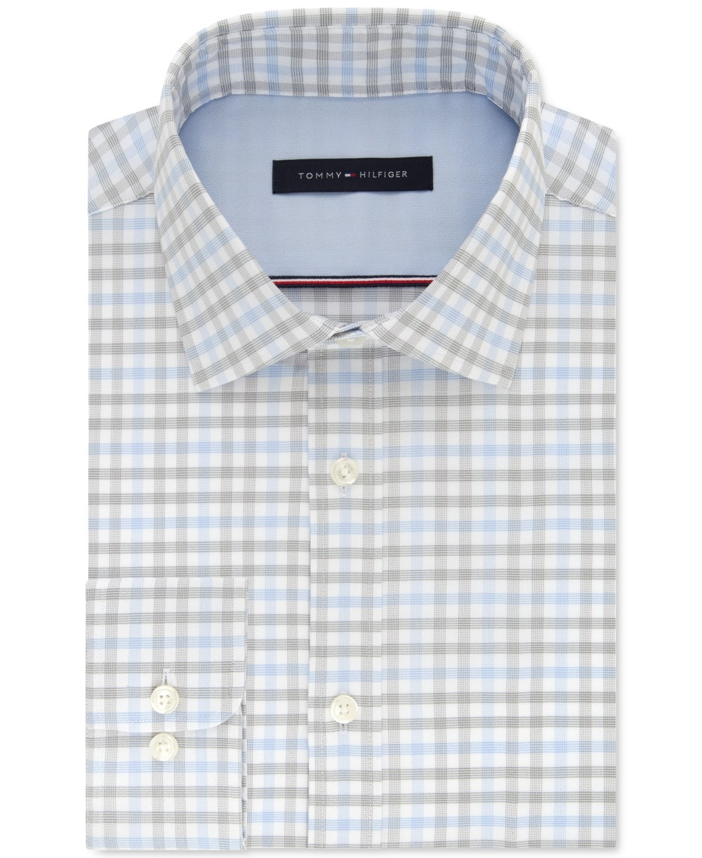 Tommy Hilfiger Men's Slim Fit Check Dress Shirt Grey Size 17.5X32-33