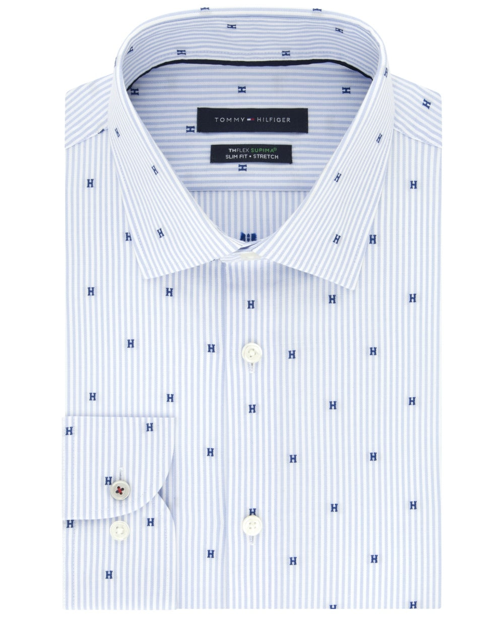 Tommy Hilfiger Men's Slim-Fit Performance Stretch Dot-Print Dress Shirt Blue Size 17x32-33