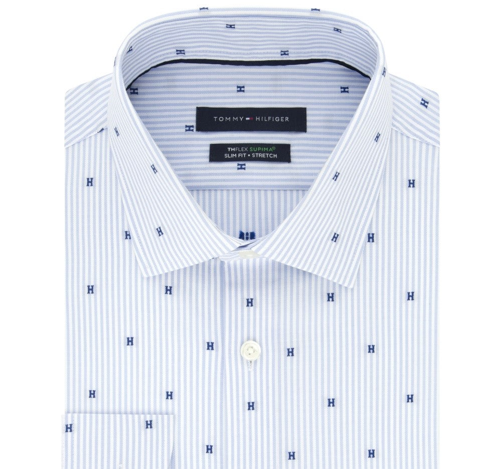 Tommy Hilfiger Men's Slim-Fit Performance Stretch Dot-Print Dress Shirt Blue Size 17x32-33