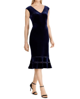 Ralph Lauren Women's Fluted Lace Inset Velvet Dress Navy Size 16