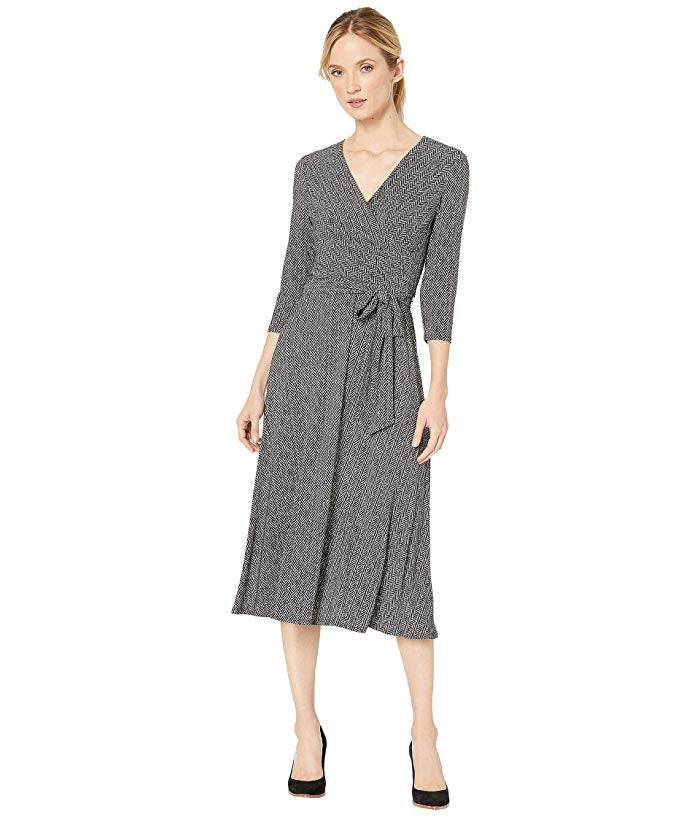 Ralph Lauren Women's Black Tie Herringbone 3/4 Sleeve V Neck MIDI Faux Wrap Party Dress Black Size 6