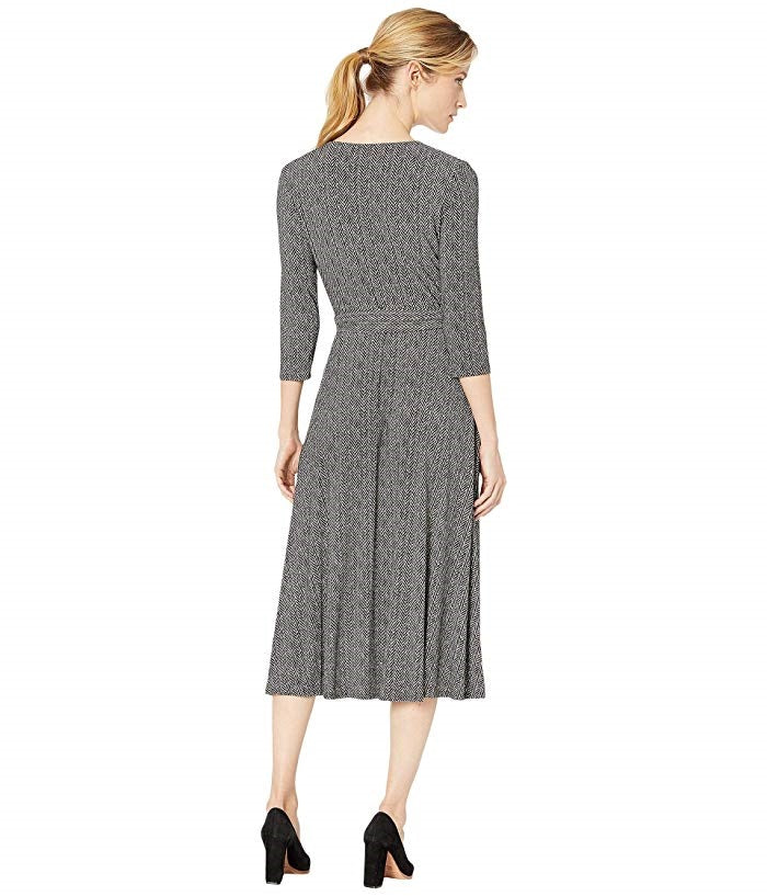 Ralph Lauren Women's Black Tie Herringbone 3/4 Sleeve V Neck MIDI Faux Wrap Party Dress Black Size 6