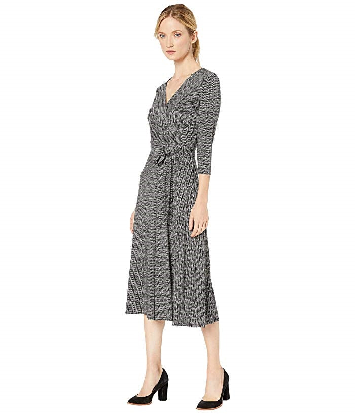 Ralph Lauren Women's Black Tie Herringbone 3/4 Sleeve V Neck MIDI Faux Wrap Party Dress Black Size 6