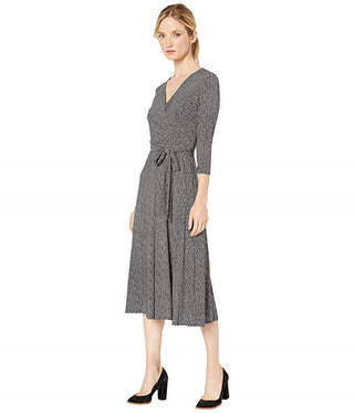 Ralph Lauren Women's Black Tie Herringbone 3/4 Sleeve V Neck MIDI Faux Wrap Party Dress Black Size 6