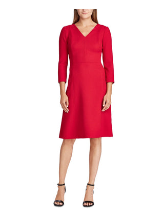 Ralph Lauren Women's Zippered 3/4 Sleeve V Neck Above The Knee Fit + Flare Party Dress  Red Size 8