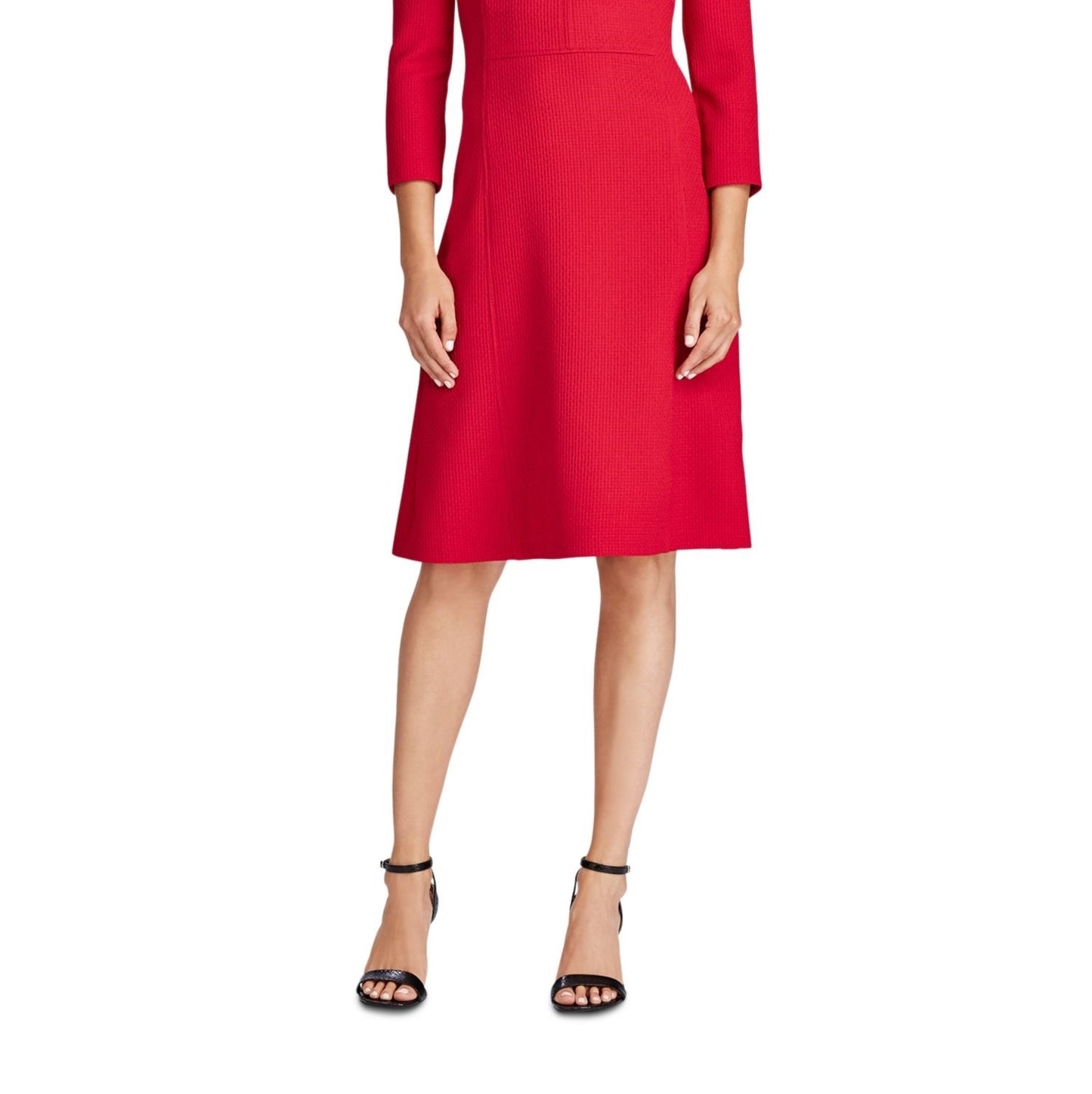 Ralph Lauren Women's Zippered 3/4 Sleeve V Neck Above The Knee Fit + Flare Cocktail Dress  Red Size 4P