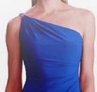 Ralph Lauren Women's Blue Sleeveless Asymmetrical Neckline Midi Sheath Party Dress Navy Size 12