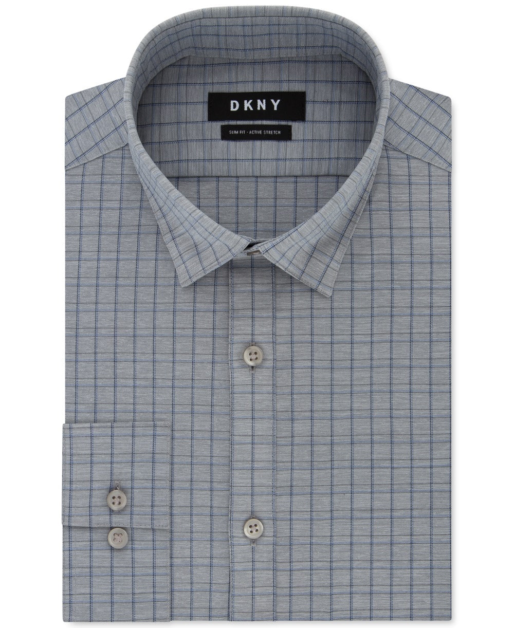 DKNY Men's Windowpane Plaid Collared Slim Fit Moisture Wicking Dress Shirt Gray  Size 15X34-35
