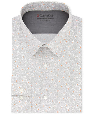Calvin Klein Men's Extra Slim Fit Stretch Print Dress Shirt Orange Size 16.5X32X33