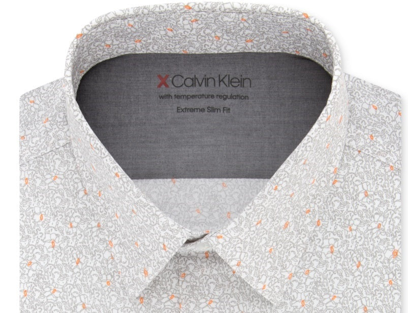 Calvin Klein Men's Extra Slim Fit Stretch Print Dress Shirt Orange Size 16.5X32X33