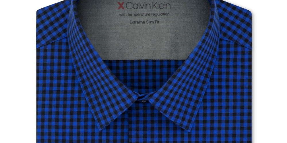 Calvin Klein Men's Extra Slim-Fit Performance Stretch Temperature Regulating Check Dress Shirt Blue Size 34x35