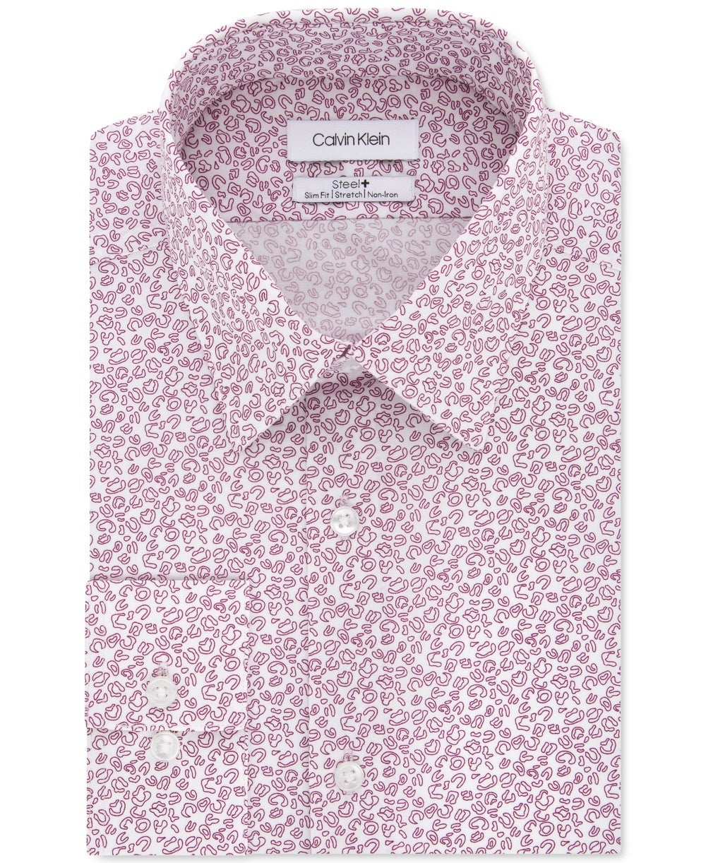 Calvin Klein Men's Slim Fit Non Iron Performance Stretch Abstract Print Dress Shirt Red Size 17X34-35