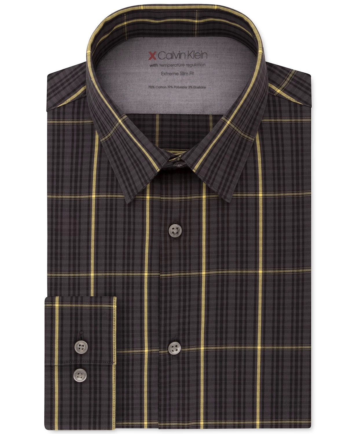 Calvin Klein Men's Windowpane Plaid Collared Slim Fit Dress Shirt Grey Size 14x32-33
