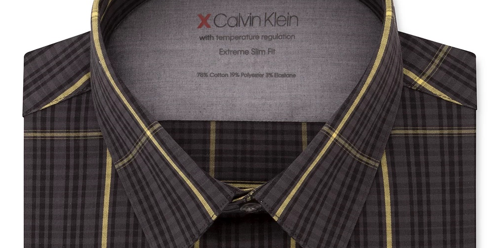 Calvin Klein Men's Windowpane Plaid Collared Slim Fit Dress Shirt Grey Size 14x32-33