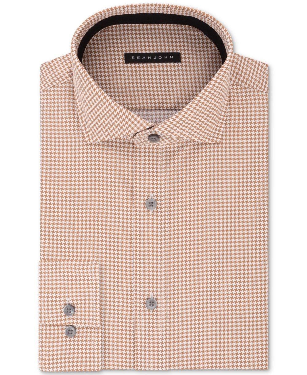 Sean John Men's Classic/Regular Fit Brown Print Dress Shirt Beige Size 15X32-33