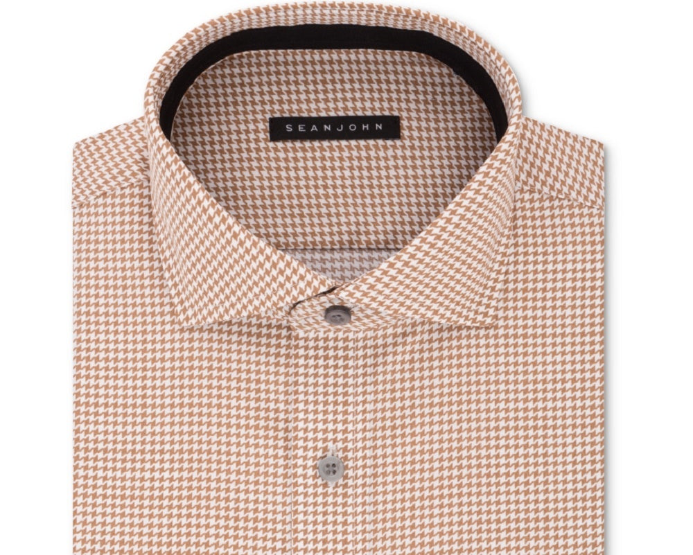 Sean John Men's Classic/Regular Fit Brown Print Dress Shirt Beige Size 15X32-33