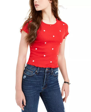 Love Tribe Juniors' Heart-Print Lettuce-Edge T-Shirt Bright Red Size Medium