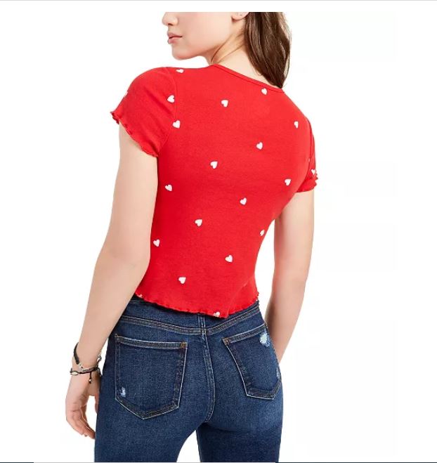 Love Tribe Junior's Heart Print Lettuce Edge T-Shirt Red Size X-Large