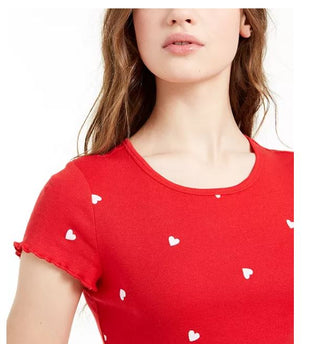 Love Tribe Junior's Heart Print Lettuce Edge T-Shirt Red Size X-Small