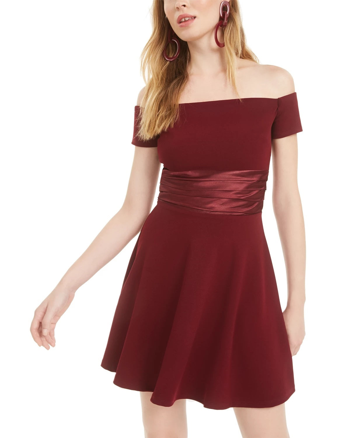B Darlin Women's Short Sleeve Off Shoulder Short Fit Flare Cocktail Dress Wine Size 0